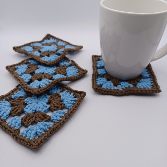 Handcrafted Cotton Coasters - Set of 4 - Blue and Brown - Picture 5 of 7